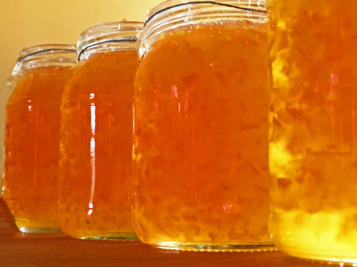 Row of glass jars of bright orange marmalade.