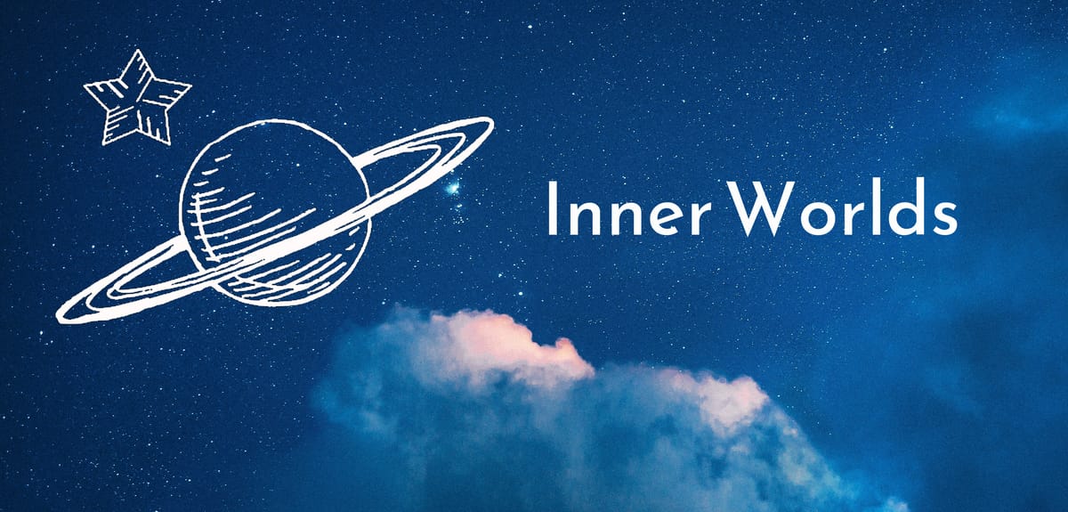 Inner Worlds logo in white on a deep blue starry sky with pink tinged clouds.
