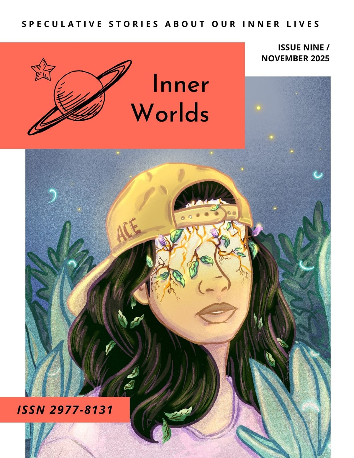 Drawing of a person with long brown hair, wearing a baseball cap that reads "ACE" and a purple t-shirt. Glowing cracks cover their forehead and eyes, and plants are emerging from the cracks.